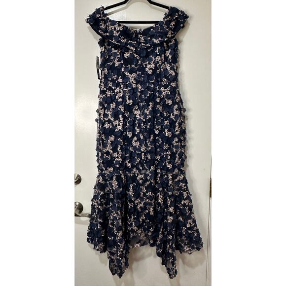 XSCAPE Off-The-Shoulder Embroidered 3D Floral Lace Midi Dress Navy Sz 12/14 NWT - Picture 11 of 16